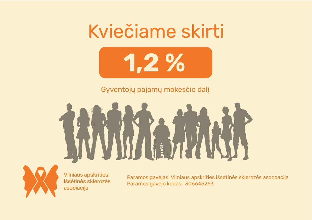 Kvietimas skirti 1,2 % GPM paramą Vilniaus apskrities išsėtinės sklerozės asociacijai. Paramos gavėjo kodas: 306645263.